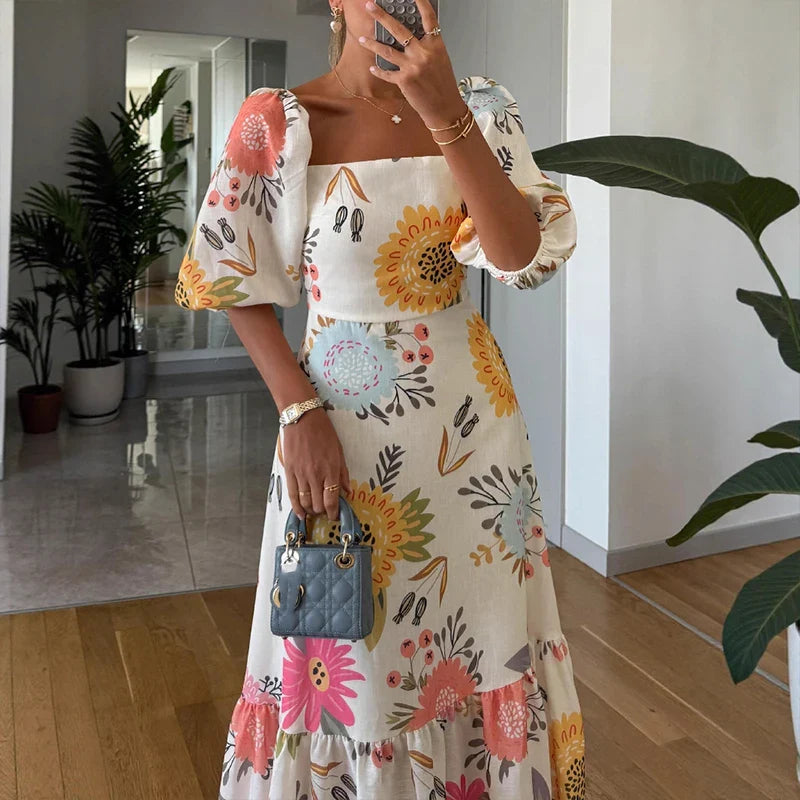 Embrace the Glamour Linen Blend Printed Puff Sleeve Maxi Dress