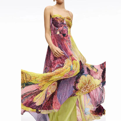 Floral Sweetheart Neck Pleated Maxi Dress