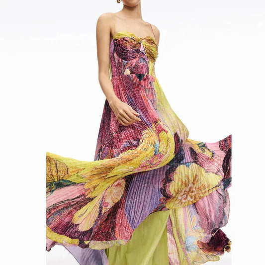 Floral Sweetheart Neck Pleated Maxi Dress