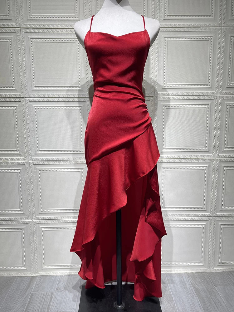 Satin Twist Cowl Neck Slit Maxi Dress