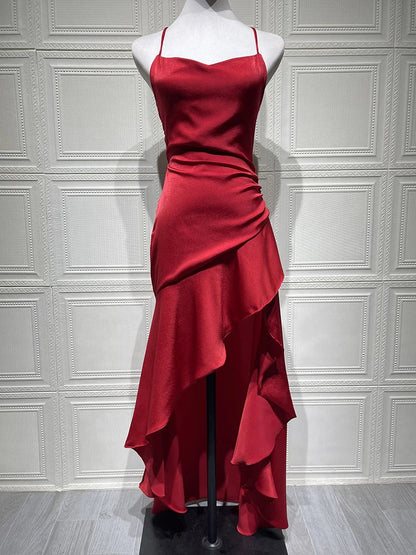 Satin Twist Cowl Neck Slit Maxi Dress