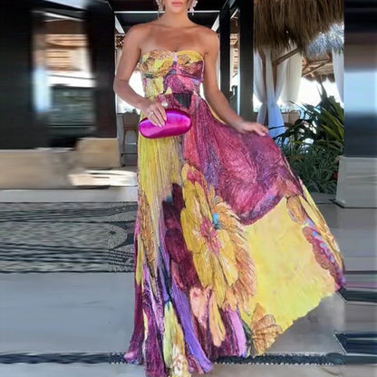 Floral Sweetheart Neck Pleated Maxi Dress