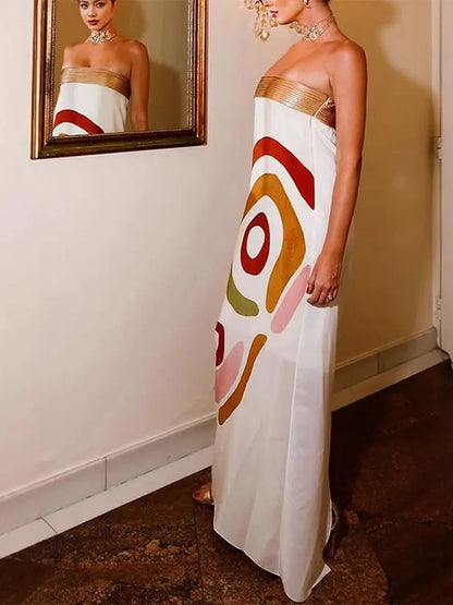 Strapless Contrast Linen Blend Midi Dress