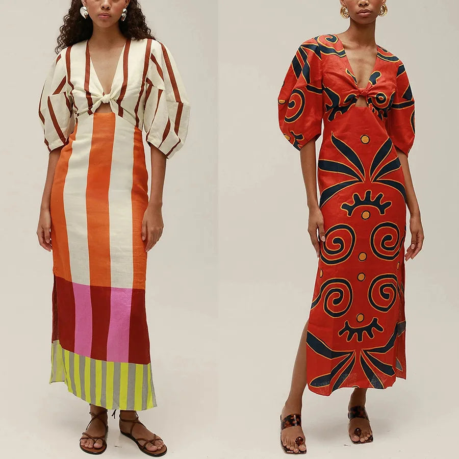 Multicolor Striped Lace-Up Bell Sleeve Slit Midi Dress