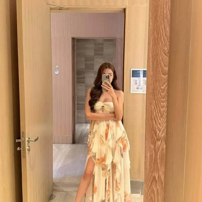 Celebration Night Satin Feather Trim Wrap Slit Maxi Dress