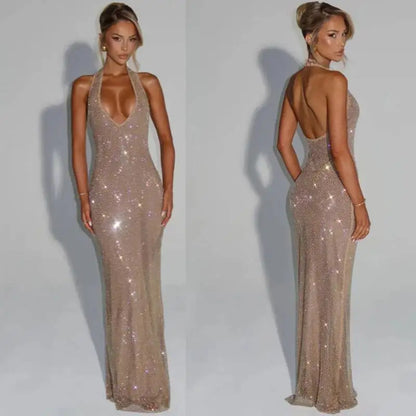 Opaline Halter V-Neck Rhinestone Maxi Dress