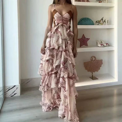Butterfly Print Tiered Halter Maxi Dress