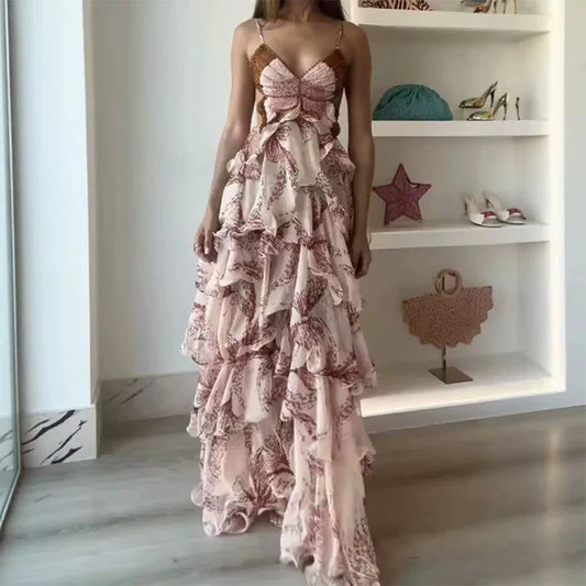 Butterfly Print Tiered Halter Maxi Dress