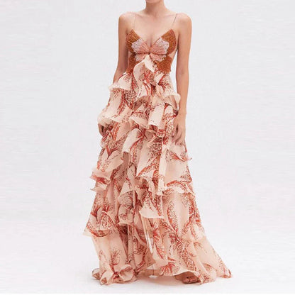 Butterfly Print Tiered Halter Maxi Dress