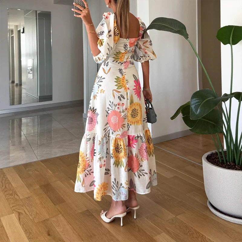 Embrace the Glamour Linen Blend Printed Puff Sleeve Maxi Dress