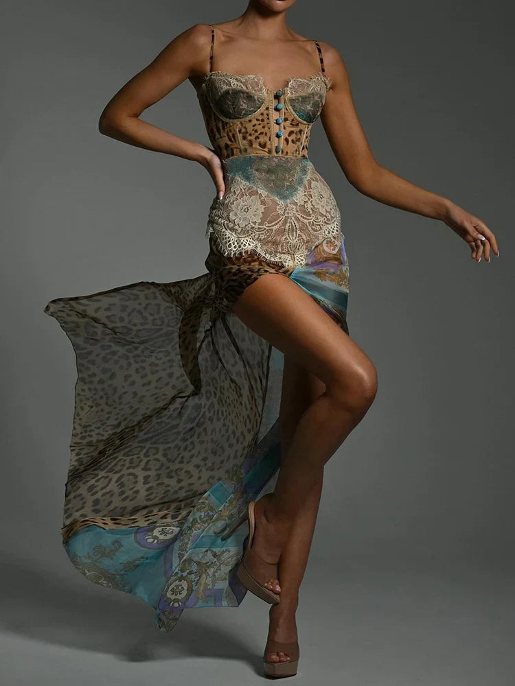 Leopard Print Lace Splice Slit Maxi Dress