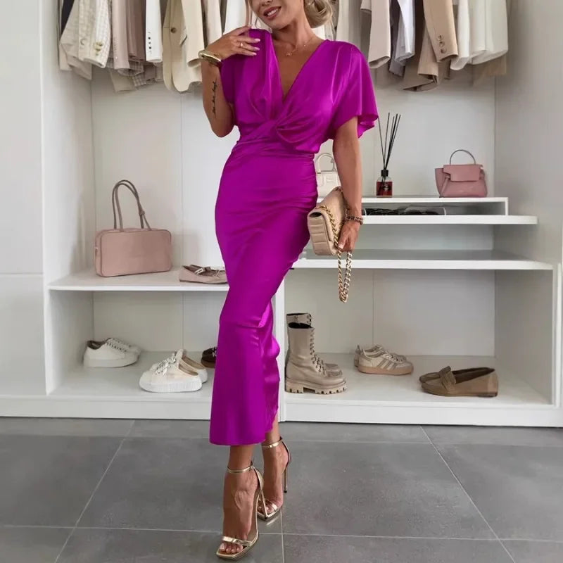 Satin V-Neck Knot Maxi Dress