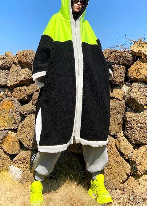 Luxury Mid-length Coats Green Hooded Patchwork Teddy Coat - SooLinen