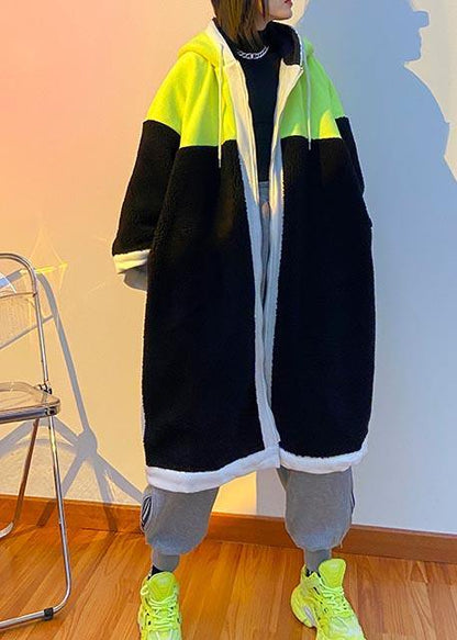Luxury Mid-length Coats Green Hooded Patchwork Teddy Coat - SooLinen