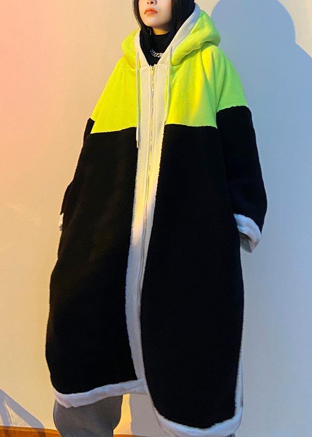 Luxury Mid-length Coats Green Hooded Patchwork Teddy Coat - SooLinen