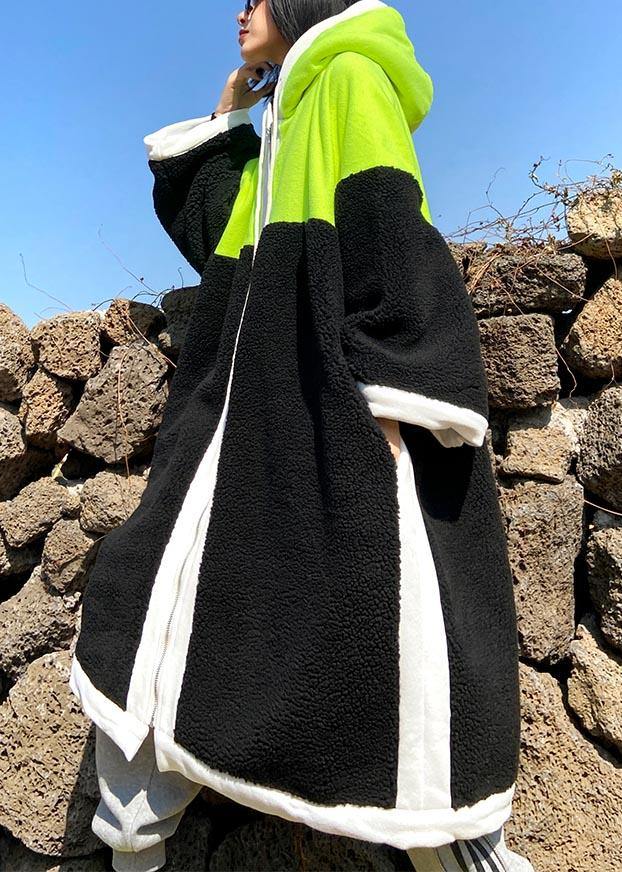 Luxury Mid-length Coats Green Hooded Patchwork Teddy Coat - SooLinen