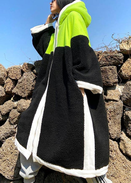 Luxury Mid-length Coats Green Hooded Patchwork Teddy Coat - SooLinen