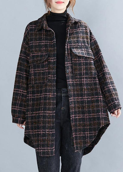 Art Lapel Pockets Fashion Coats Women Blouses Pink Plaid Daily Outwear - SooLinen