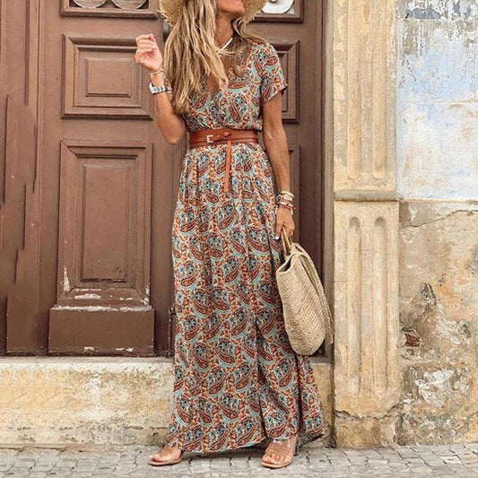 Summer Beach Maxi Dress Women Floral Print Boho Long Dress Casual V-Neck Split Sexy Party Dress Robe Femme - SooLinen