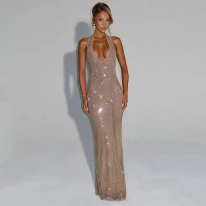 Opaline Halter V-Neck Rhinestone Maxi Dress