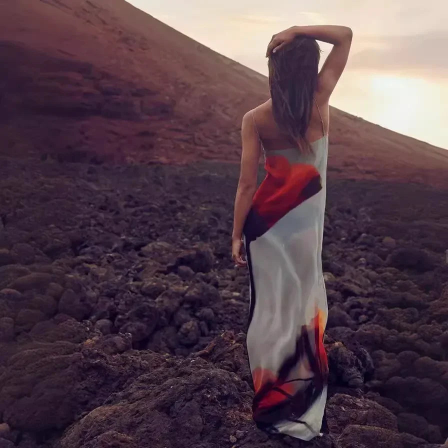 Abstract Tulip Print Slip H-Line Maxi Dress