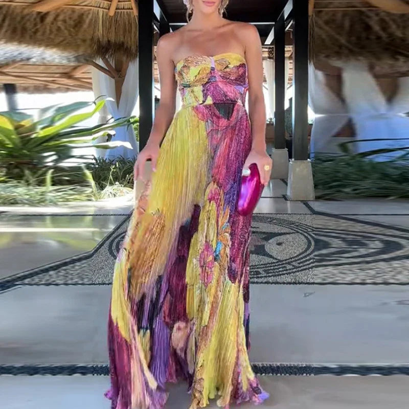 Floral Sweetheart Neck Pleated Maxi Dress