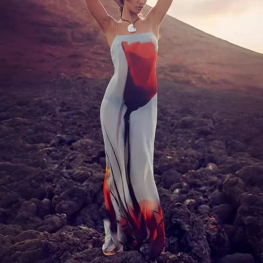 Abstract Tulip Print Slip H-Line Maxi Dress