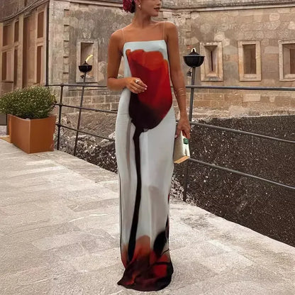 Abstract Tulip Print Slip H-Line Maxi Dress
