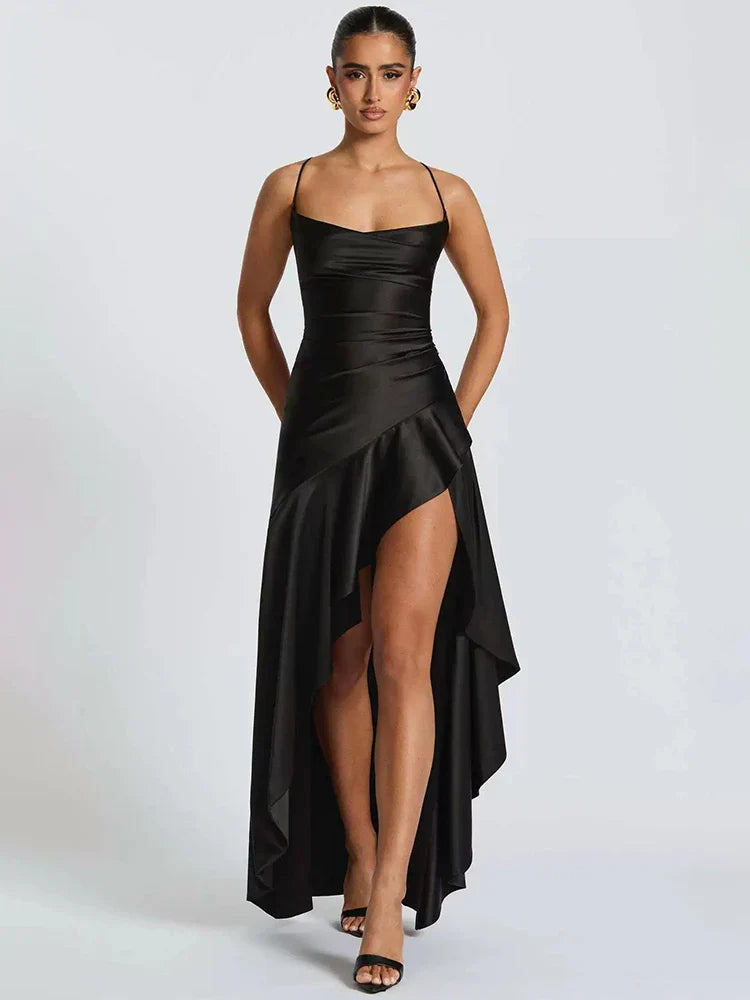 Satin Twist Cowl Neck Slit Maxi Dress