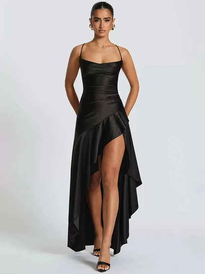 Satin Twist Cowl Neck Slit Maxi Dress