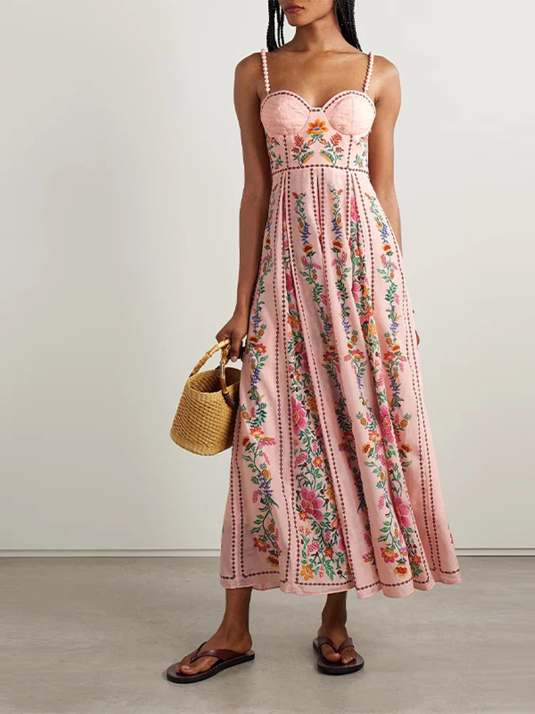 Printed Sweetheart Neck Beaded Strap Maxi Dress
