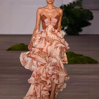Butterfly Print Tiered Halter Maxi Dress