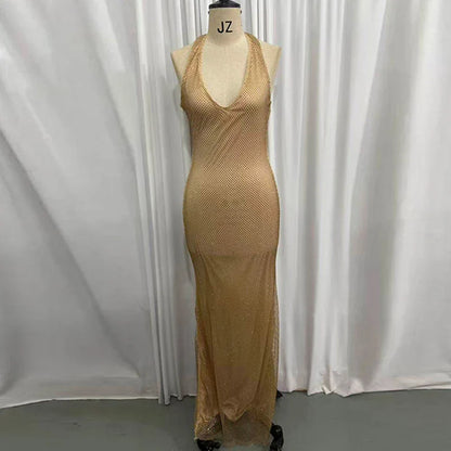 Opaline Halter V-Neck Rhinestone Maxi Dress