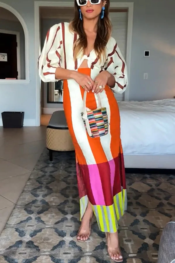 Multicolor Striped Lace-Up Bell Sleeve Slit Midi Dress
