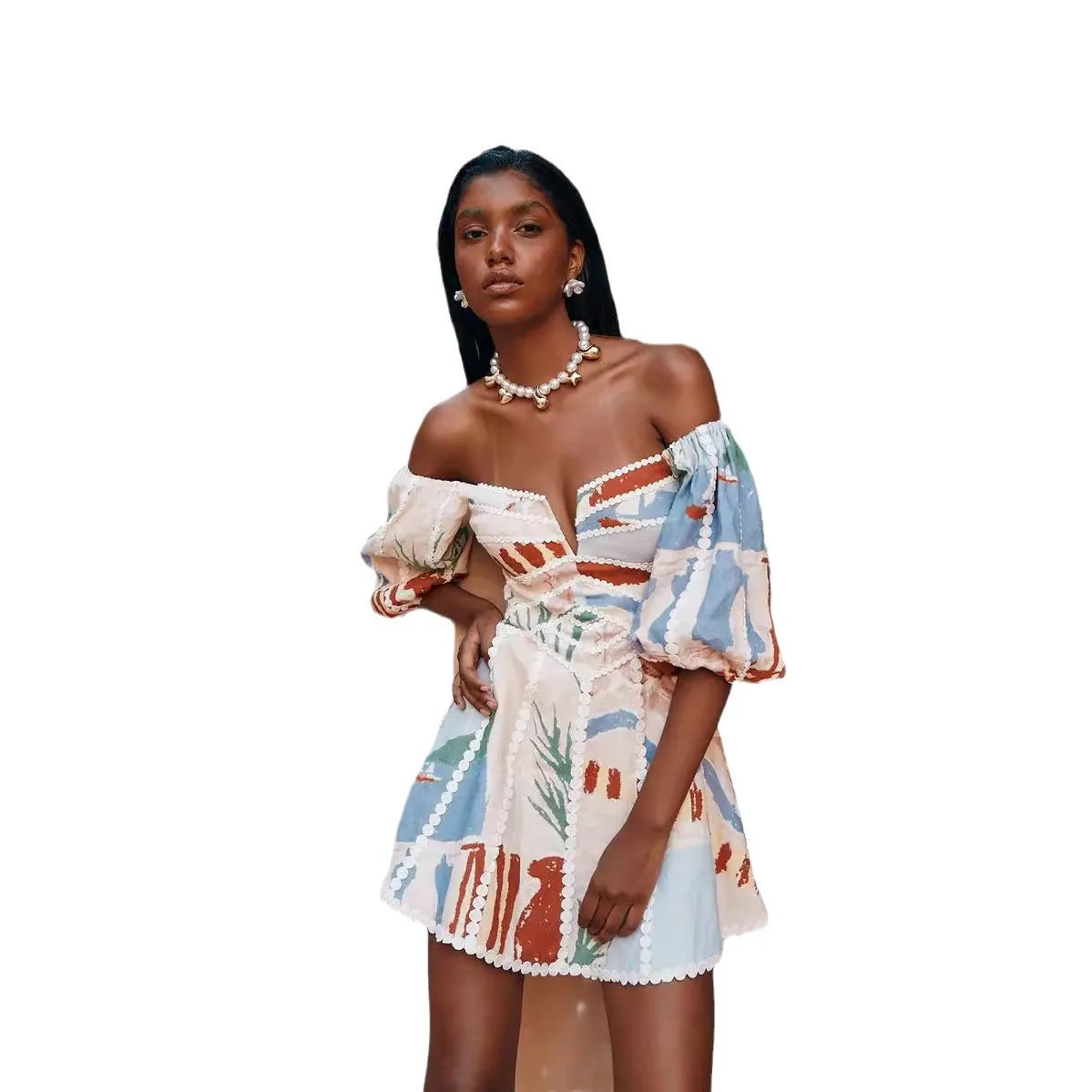Kyoho Linen Blend Printed Ric-Rac Trim Maxi Dress