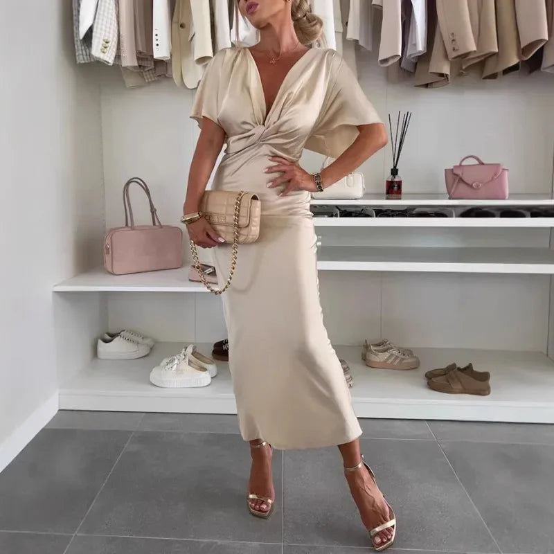 Satin V-Neck Knot Maxi Dress