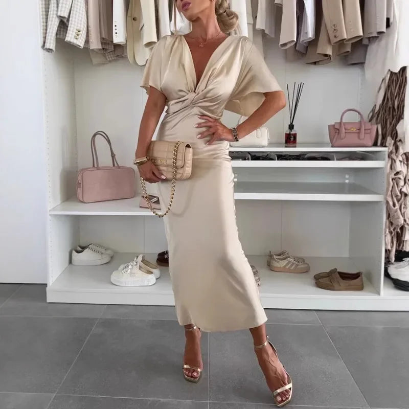 Satin V-Neck Knot Maxi Dress