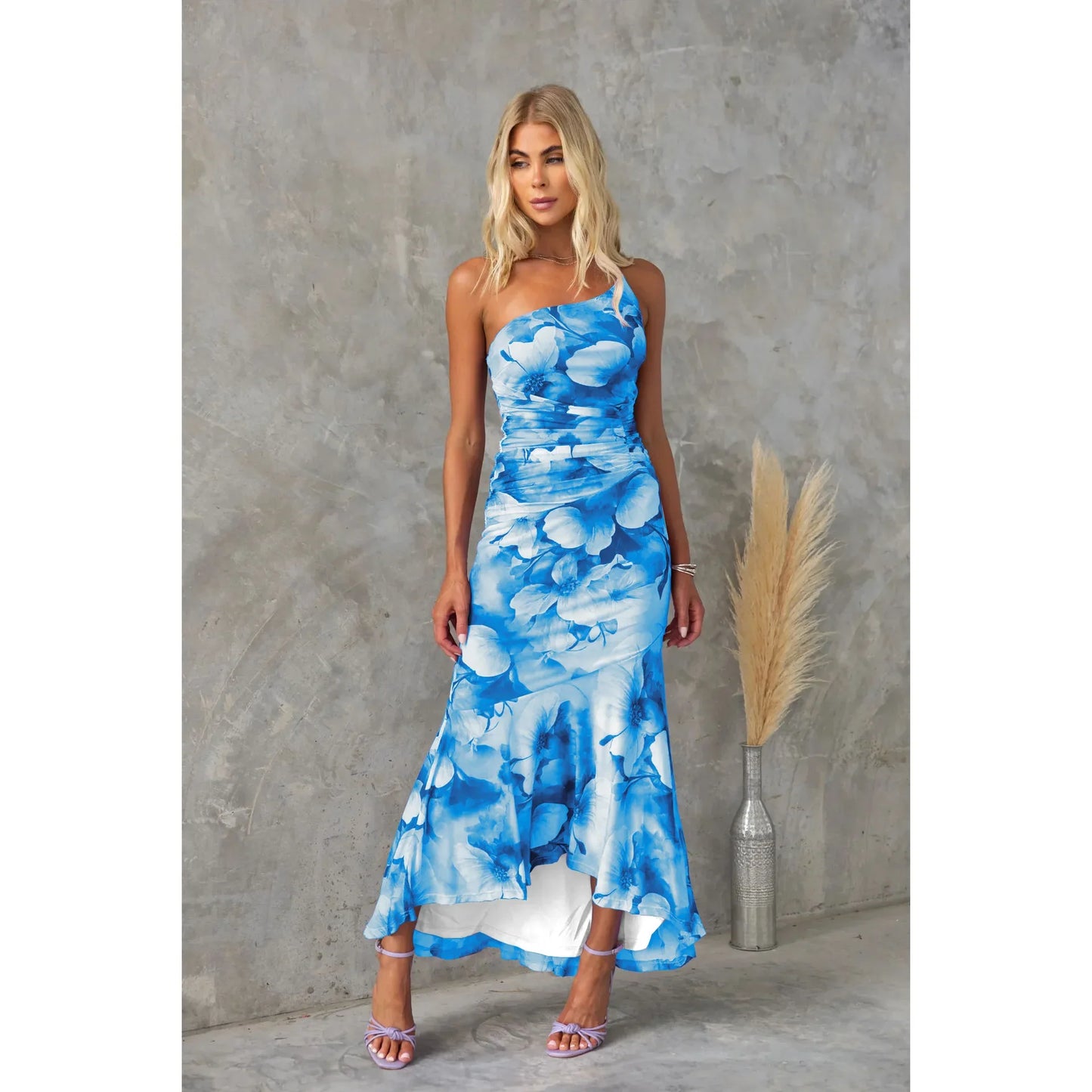 One-Shoulder Ruched Floral Mesh Maxi Dress