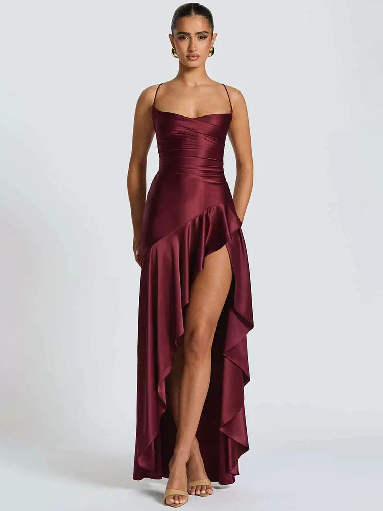 Satin Twist Cowl Neck Slit Maxi Dress