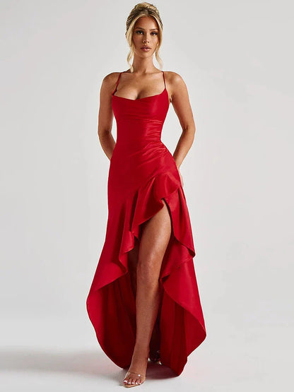 Satin Twist Cowl Neck Slit Maxi Dress