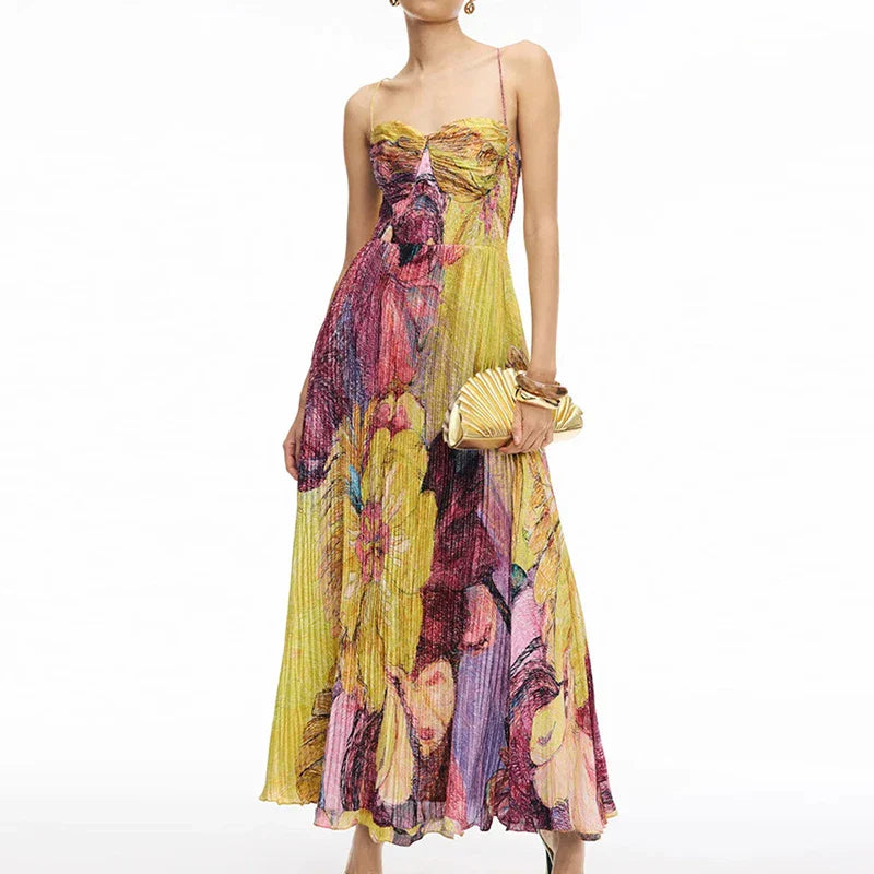 Floral Sweetheart Neck Pleated Maxi Dress