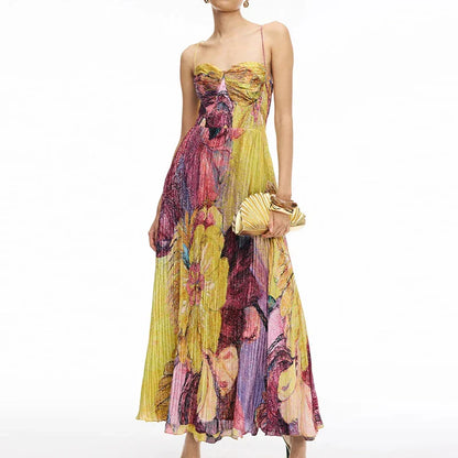 Floral Sweetheart Neck Pleated Maxi Dress
