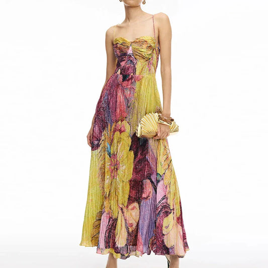 Floral Sweetheart Neck Pleated Maxi Dress