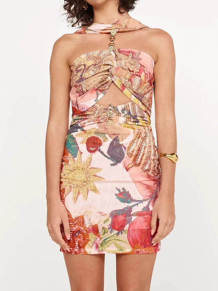Mesh Printed Twist Cutout Off-Shoulder Maxi Dress