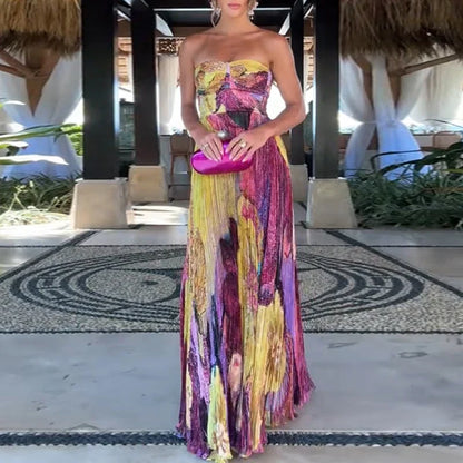 Floral Sweetheart Neck Pleated Maxi Dress