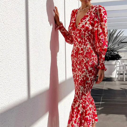 Rowena Floral Smocked Waist Bishop Sleeve Midi Dress