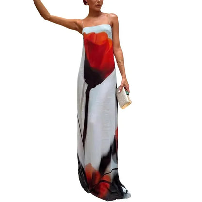 Abstract Tulip Print Slip H-Line Maxi Dress