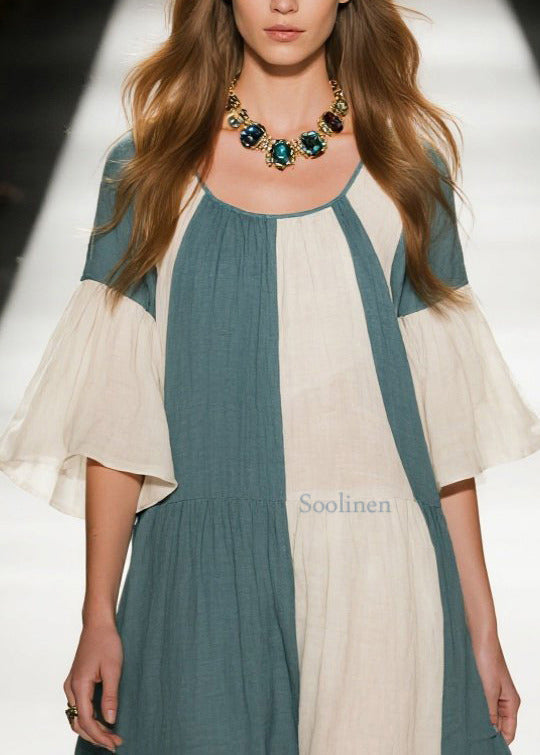 Meerblaues Patchwork-Baumwollkleid in A-Linie mit übergroßen ausgestellten Ärmeln