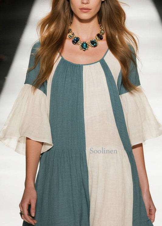 Meerblaues Patchwork-Baumwollkleid in A-Linie mit übergroßen ausgestellten Ärmeln