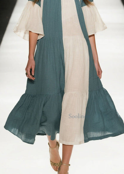 Meerblaues Patchwork-Baumwollkleid in A-Linie mit übergroßen ausgestellten Ärmeln